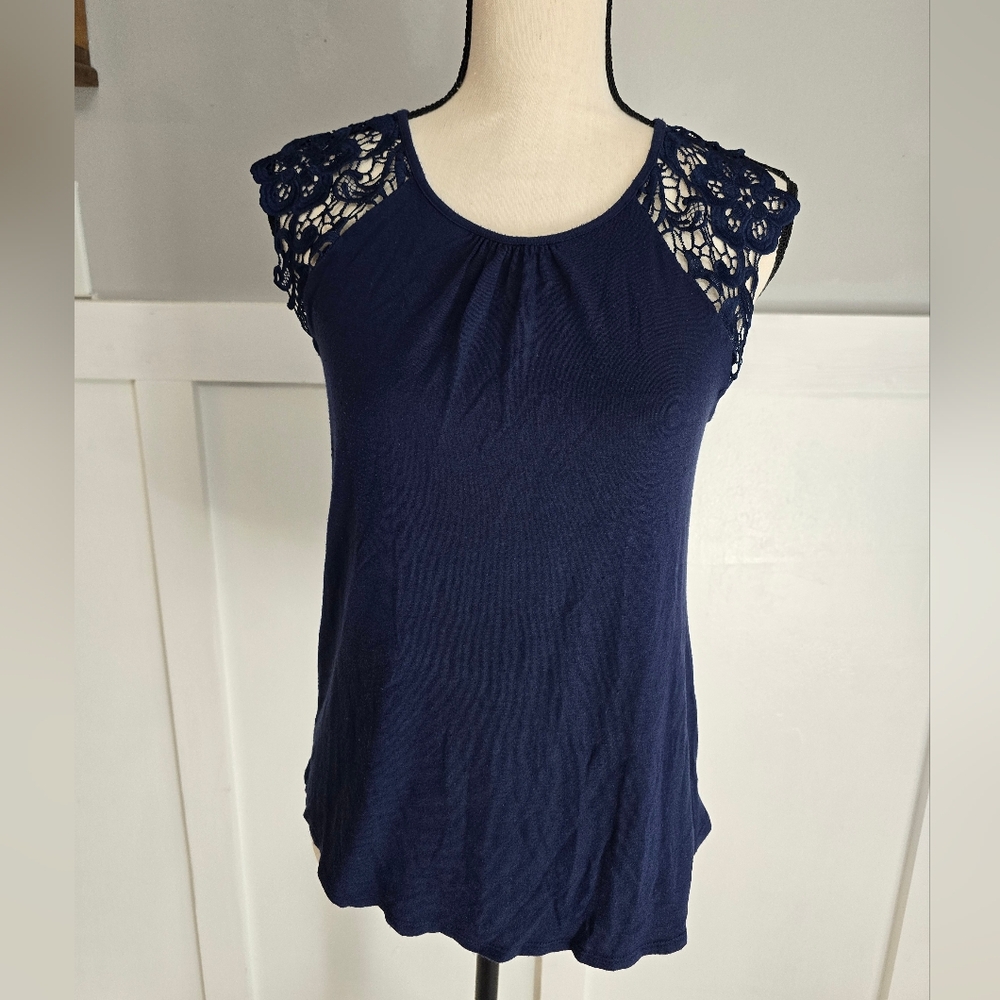 No Boundaries Navy Blue Lace Sleeve Women's Top Sz S